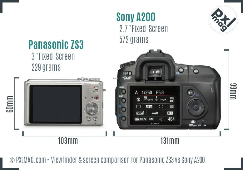 Panasonic ZS3 vs Sony A200 Screen and Viewfinder comparison