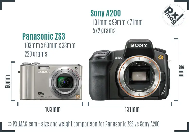 Panasonic ZS3 vs Sony A200 size comparison