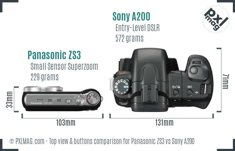 Panasonic ZS3 vs Sony A200 top view buttons comparison