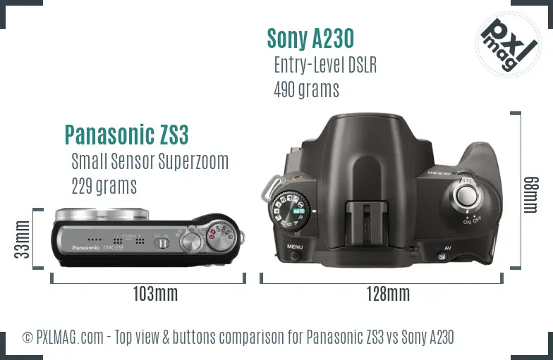 Panasonic ZS3 vs Sony A230 top view buttons comparison Panasonic ZS3 vs Sony A230 top view buttons comparison