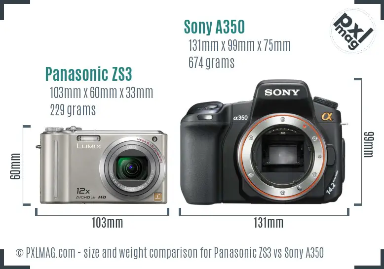 Panasonic ZS3 vs Sony A350 size comparison