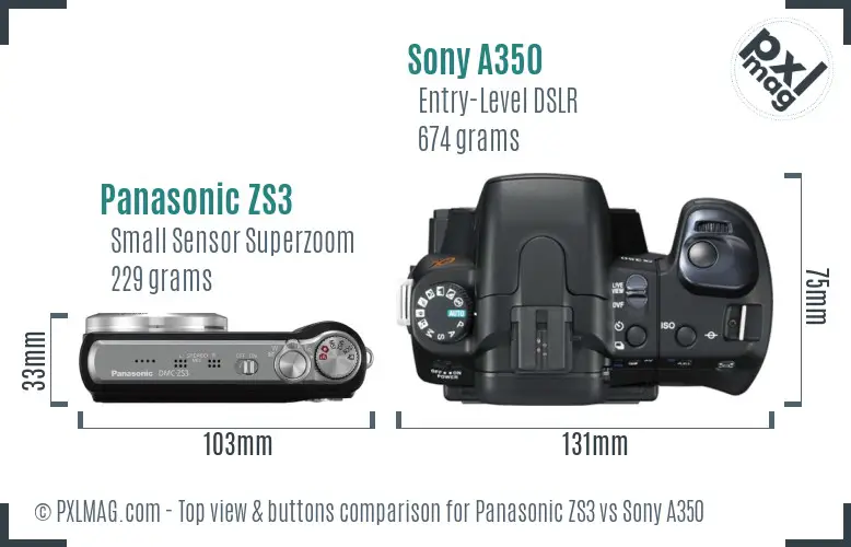 Panasonic ZS3 vs Sony A350 top view buttons comparison