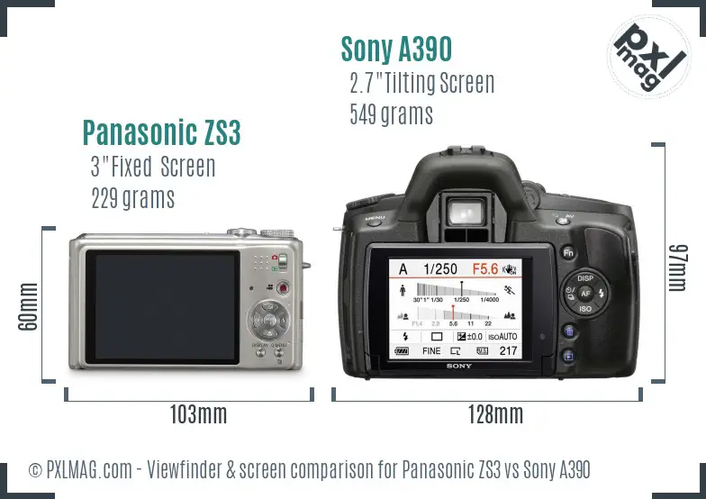 Panasonic ZS3 vs Sony A390 Screen and Viewfinder comparison