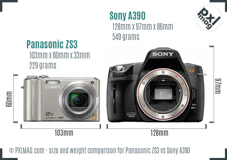 Panasonic ZS3 vs Sony A390 size comparison