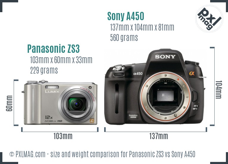 Panasonic ZS3 vs Sony A450 size comparison