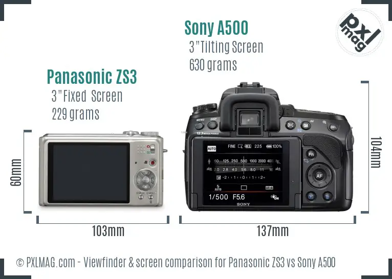Panasonic ZS3 vs Sony A500 Screen and Viewfinder comparison
