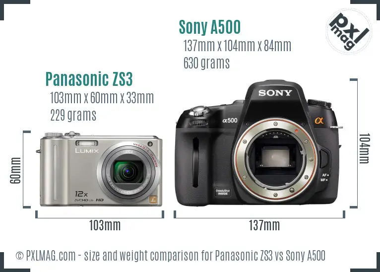 Panasonic ZS3 vs Sony A500 size comparison