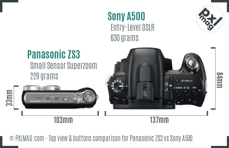 Panasonic ZS3 vs Sony A500 top view buttons comparison