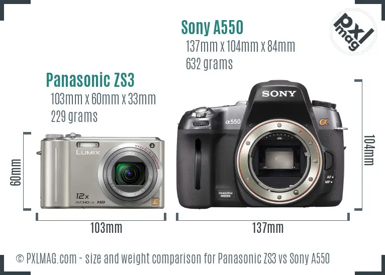 Panasonic ZS3 vs Sony A550 size comparison Panasonic ZS3 vs Sony A550 size comparison
