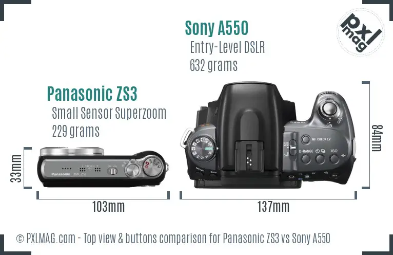Panasonic ZS3 vs Sony A550 top view buttons comparison Panasonic ZS3 vs Sony A550 top view buttons comparison