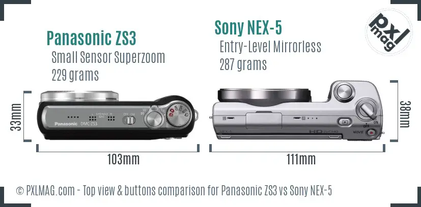 Panasonic ZS3 vs Sony NEX-5 top view buttons comparison Panasonic ZS3 vs Sony NEX-5 top view buttons comparison