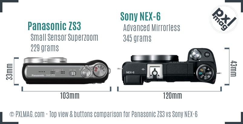 Panasonic ZS3 vs Sony NEX-6 top view buttons comparison