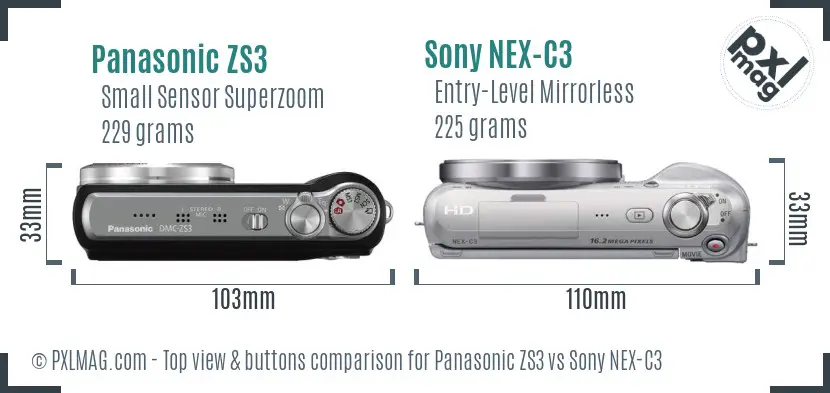 Panasonic ZS3 vs Sony NEX-C3 top view buttons comparison Panasonic ZS3 vs Sony NEX-C3 top view buttons comparison