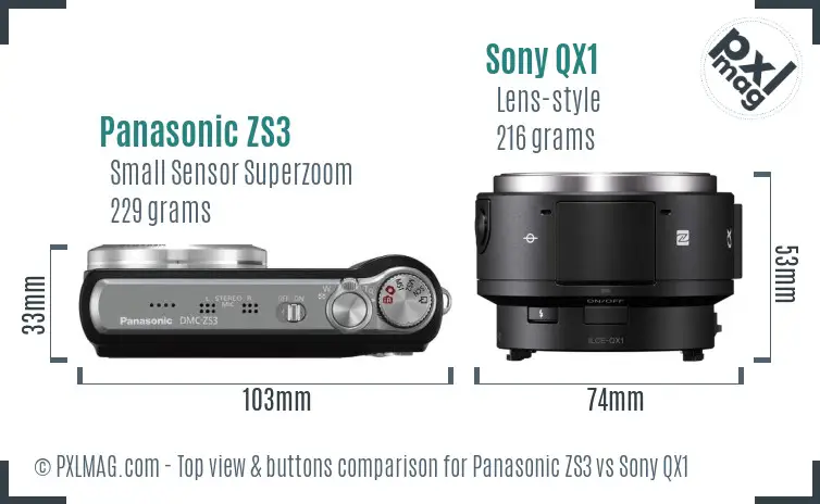 Panasonic ZS3 vs Sony QX1 top view buttons comparison Panasonic ZS3 vs Sony QX1 top view buttons comparison
