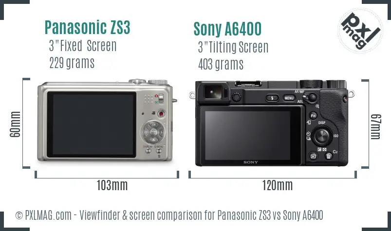 Panasonic ZS3 vs Sony A6400 Screen and Viewfinder comparison