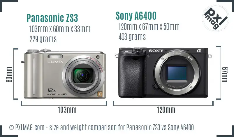 Panasonic ZS3 vs Sony A6400 size comparison