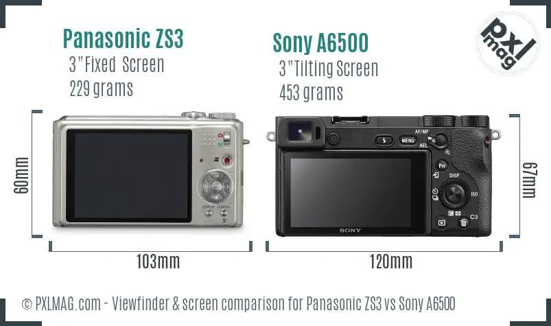 Panasonic ZS3 vs Sony A6500 Screen and Viewfinder comparison