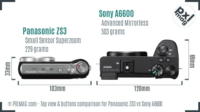 Panasonic ZS3 vs Sony A6600 top view buttons comparison Panasonic ZS3 vs Sony A6600 top view buttons comparison