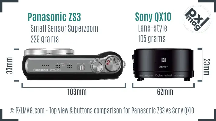 Panasonic ZS3 vs Sony QX10 top view buttons comparison Panasonic ZS3 vs Sony QX10 top view buttons comparison