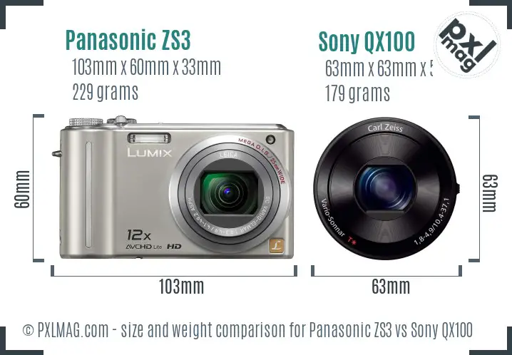 Panasonic ZS3 vs Sony QX100 size comparison