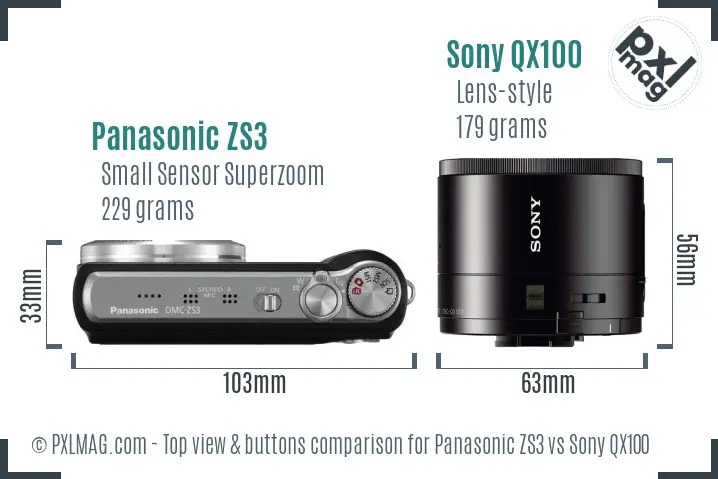 Panasonic ZS3 vs Sony QX100 top view buttons comparison