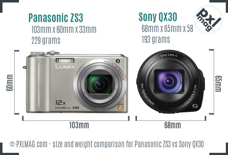 Panasonic ZS3 vs Sony QX30 size comparison Panasonic ZS3 vs Sony QX30 size comparison