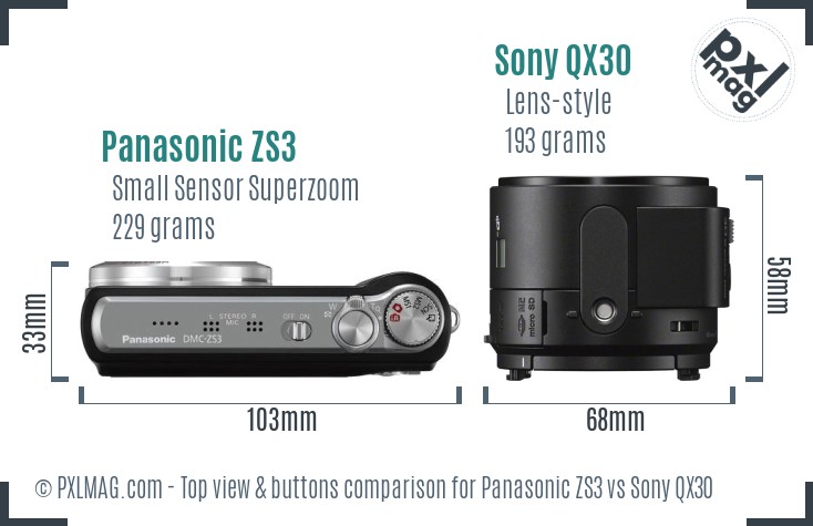 Panasonic ZS3 vs Sony QX30 top view buttons comparison