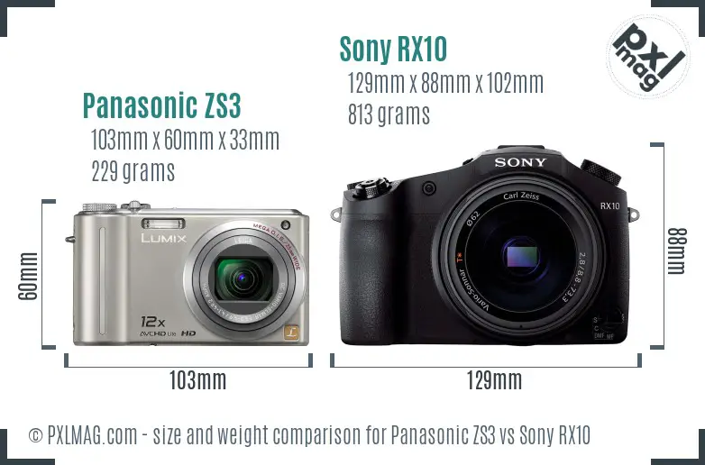 Panasonic ZS3 vs Sony RX10 size comparison