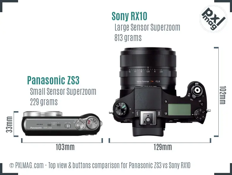 Panasonic ZS3 vs Sony RX10 top view buttons comparison