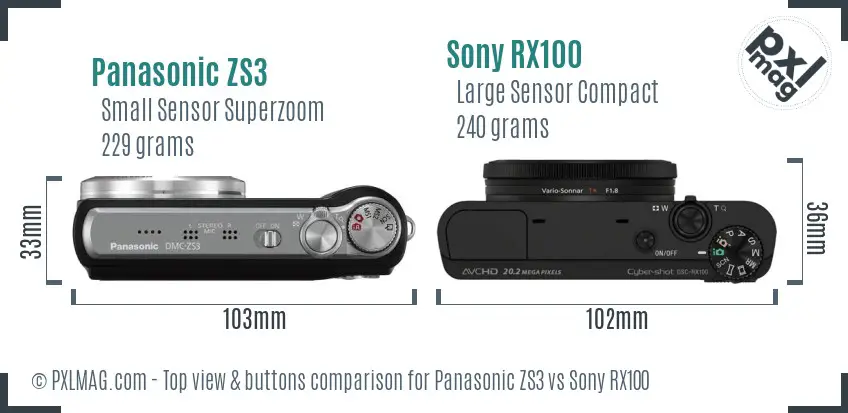 Panasonic ZS3 vs Sony RX100 top view buttons comparison Panasonic ZS3 vs Sony RX100 top view buttons comparison