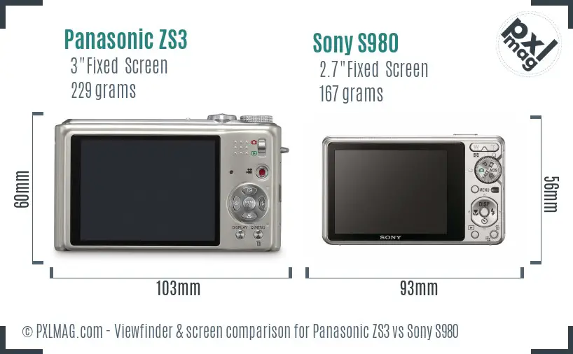 Panasonic ZS3 vs Sony S980 Screen and Viewfinder comparison