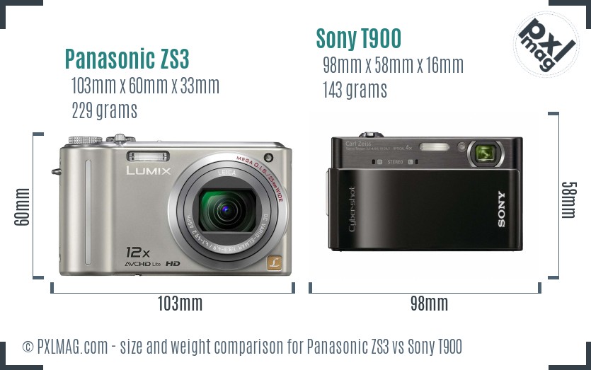 Panasonic ZS3 vs Sony T900 size comparison