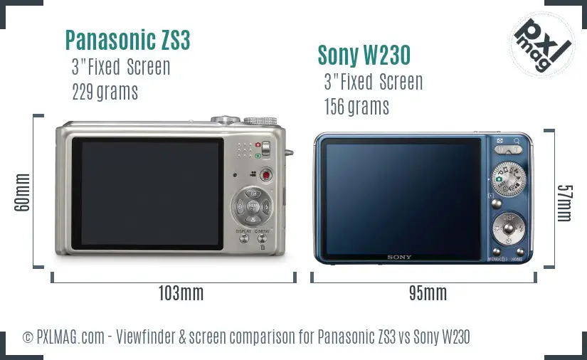 Panasonic ZS3 vs Sony W230 Screen and Viewfinder comparison