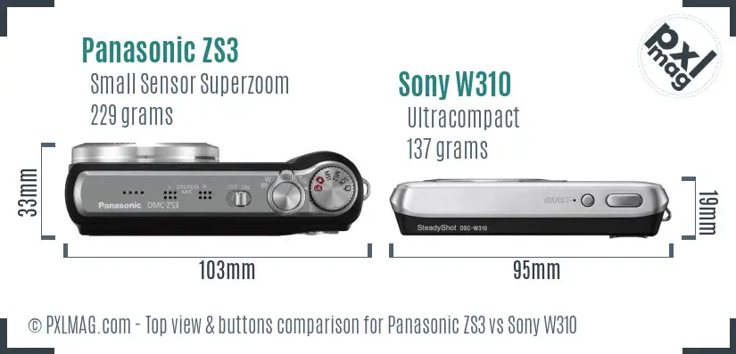 Panasonic ZS3 vs Sony W310 top view buttons comparison Panasonic ZS3 vs Sony W310 top view buttons comparison
