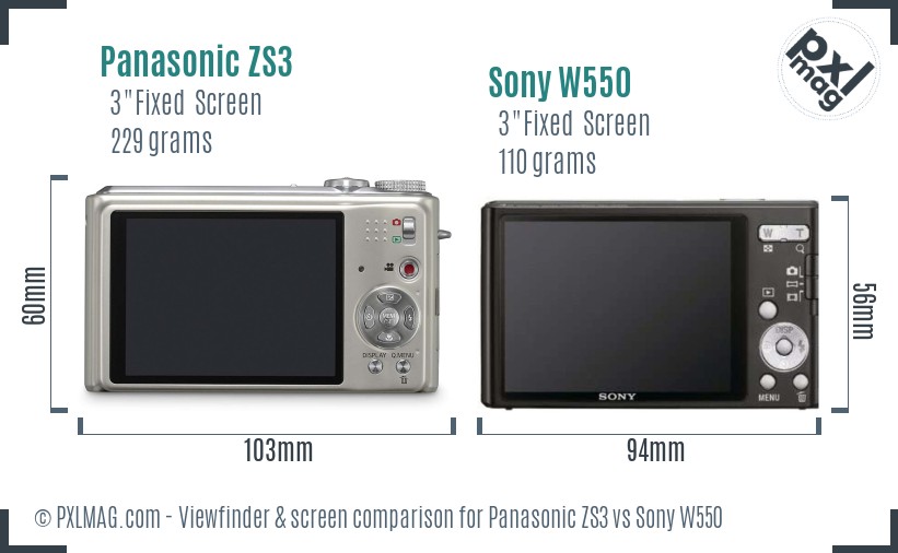 Panasonic ZS3 vs Sony W550 Screen and Viewfinder comparison