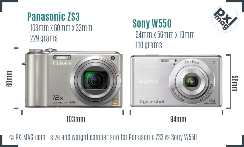 Panasonic ZS3 vs Sony W550 size comparison