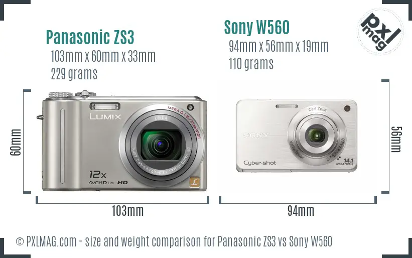 Panasonic ZS3 vs Sony W560 size comparison