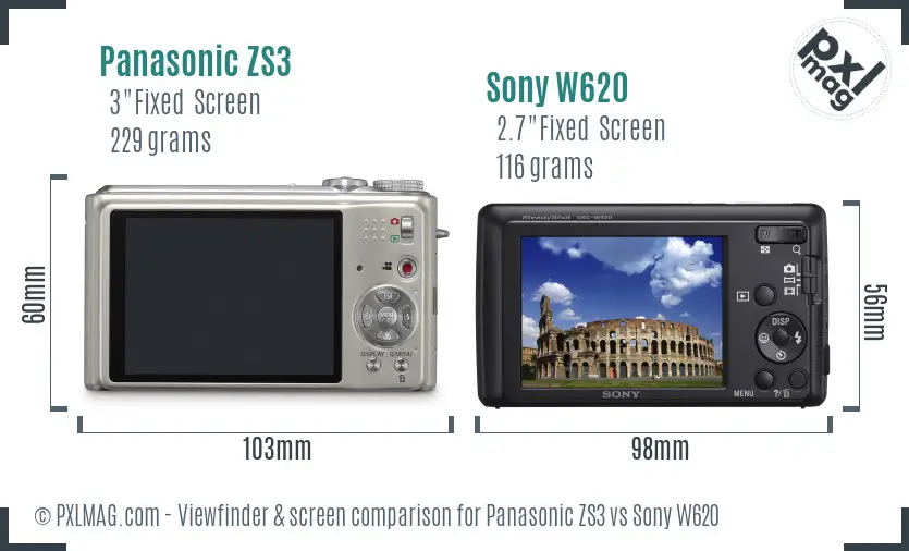 Panasonic ZS3 vs Sony W620 Screen and Viewfinder comparison