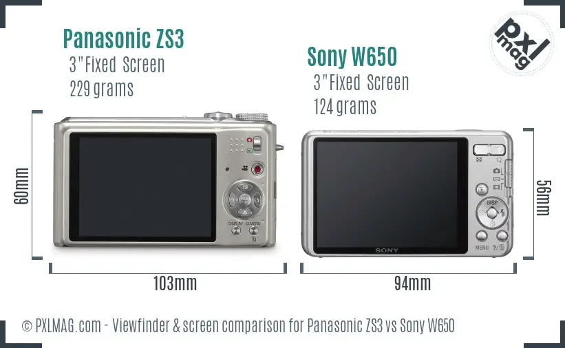 Panasonic ZS3 vs Sony W650 Screen and Viewfinder comparison