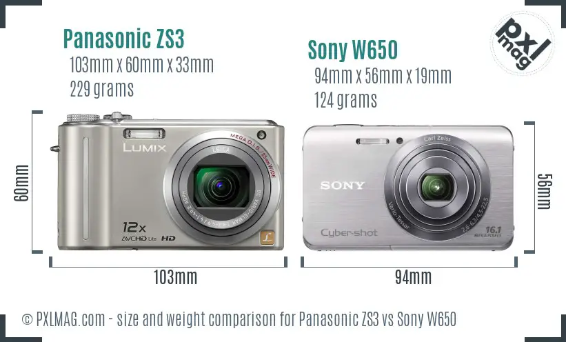 Panasonic ZS3 vs Sony W650 size comparison