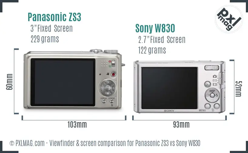 Panasonic ZS3 vs Sony W830 Screen and Viewfinder comparison