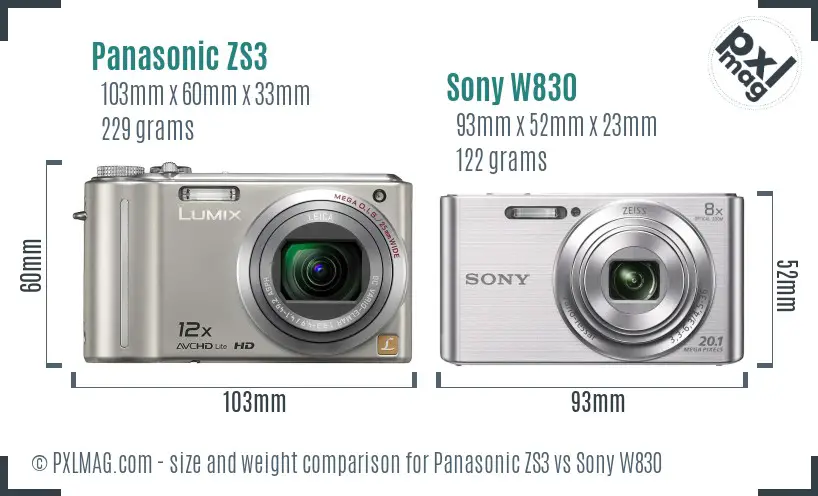 Panasonic ZS3 vs Sony W830 size comparison