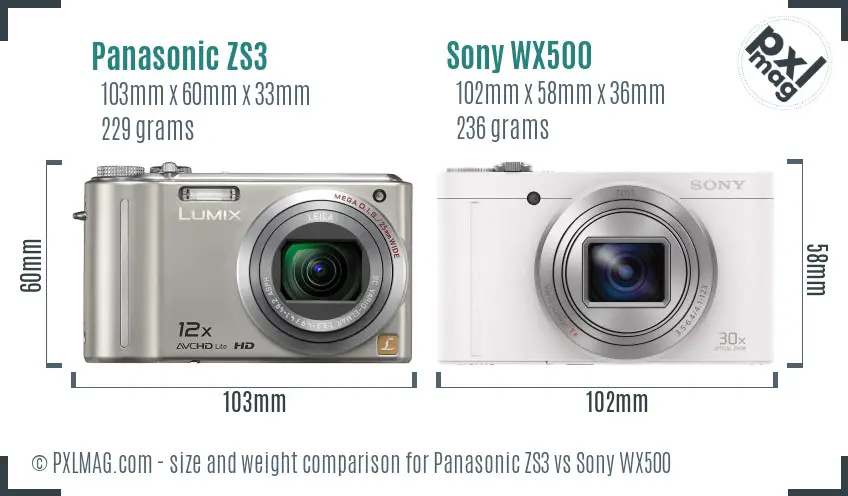 Panasonic ZS3 vs Sony WX500 size comparison