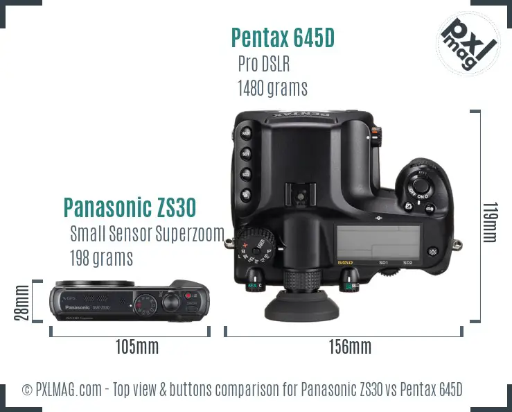 Panasonic ZS30 vs Pentax 645D top view buttons comparison