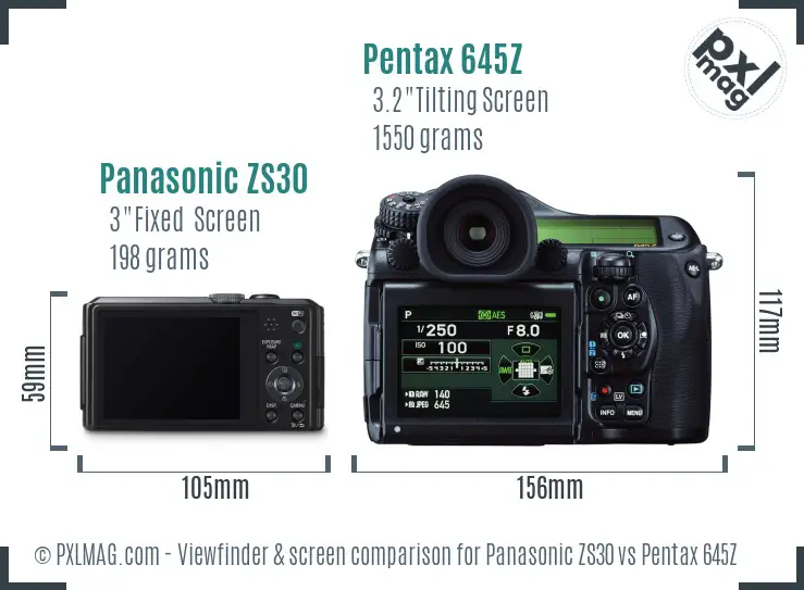 Panasonic ZS30 vs Pentax 645Z Screen and Viewfinder comparison