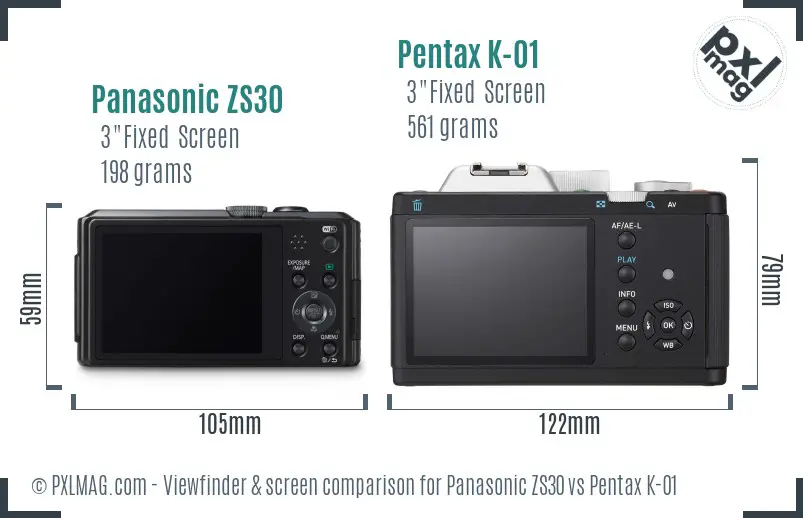 Panasonic ZS30 vs Pentax K-01 Screen and Viewfinder comparison
