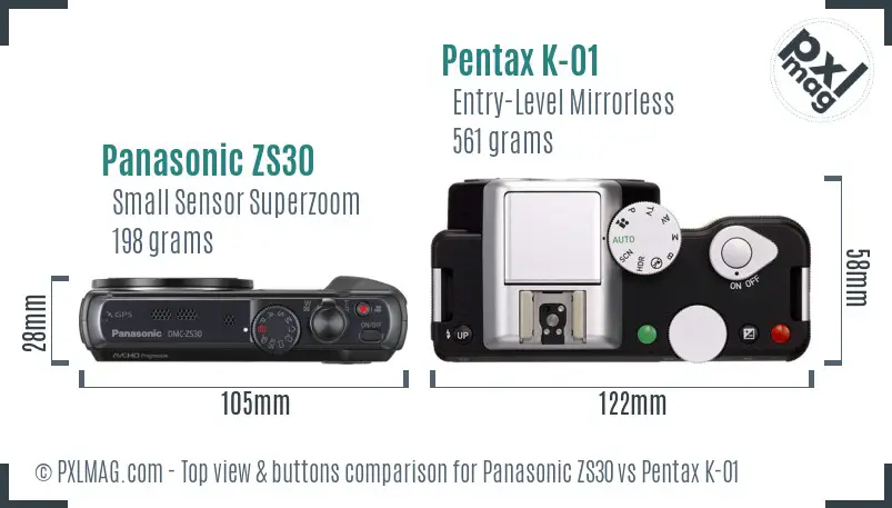 Panasonic ZS30 vs Pentax K-01 top view buttons comparison