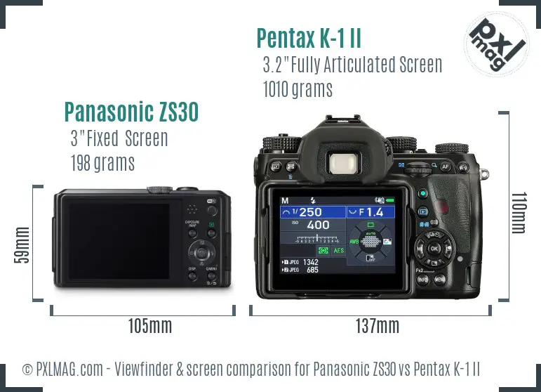 Panasonic ZS30 vs Pentax K-1 II Screen and Viewfinder comparison