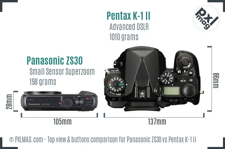 Panasonic ZS30 vs Pentax K-1 II top view buttons comparison