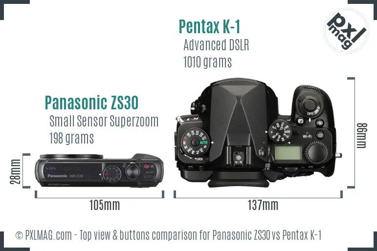 Panasonic ZS30 vs Pentax K-1 top view buttons comparison
